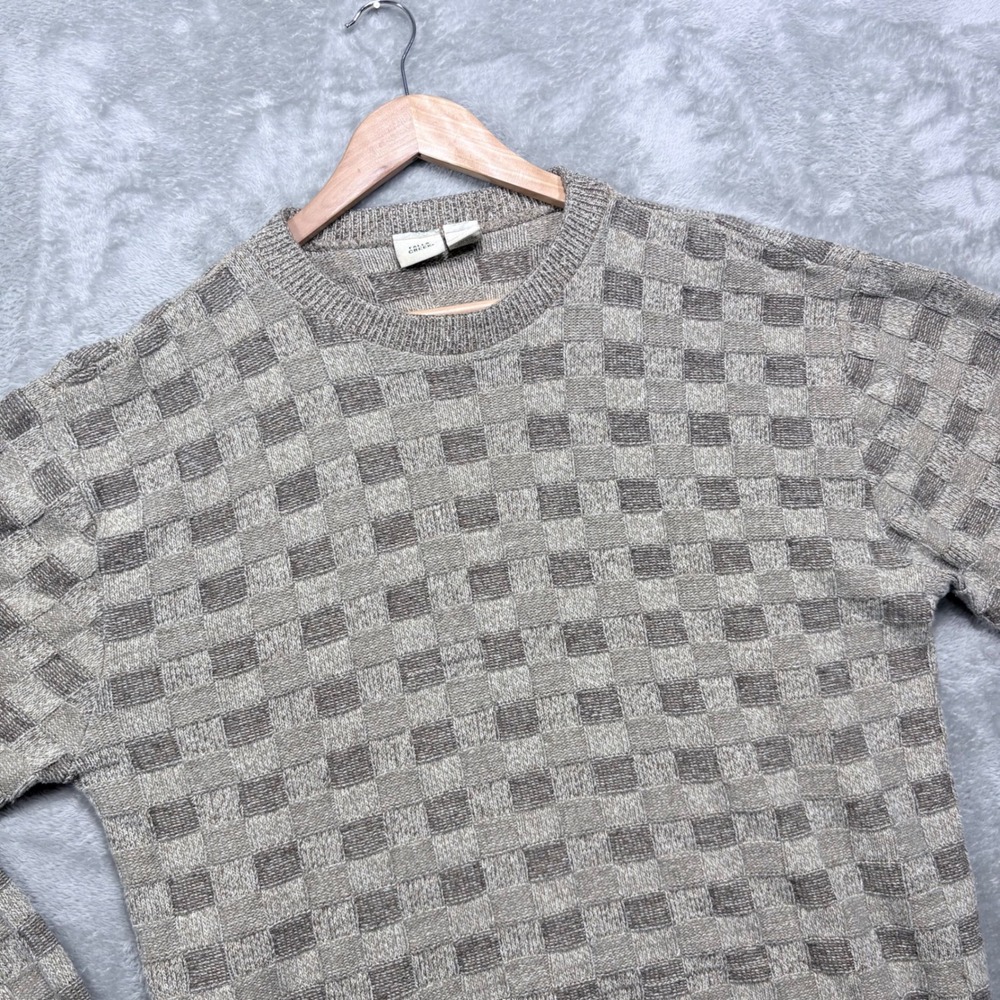Falls Creek Sweater Men Large Tan Checkerboard Knit Vintage Made in USA Pullover